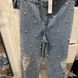 TALULAH Blue Boyfriend Jeans with Distressed and Pearl Embellished Details